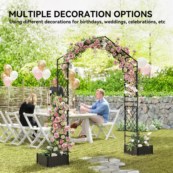 7.3ft Garden Arch with 2 Planter Boxes, PE-Coated Steel Outdoor Trellis Arbor for Climbing Plants, Wedding Arch for Party Outdoor Garden Backyard, Black