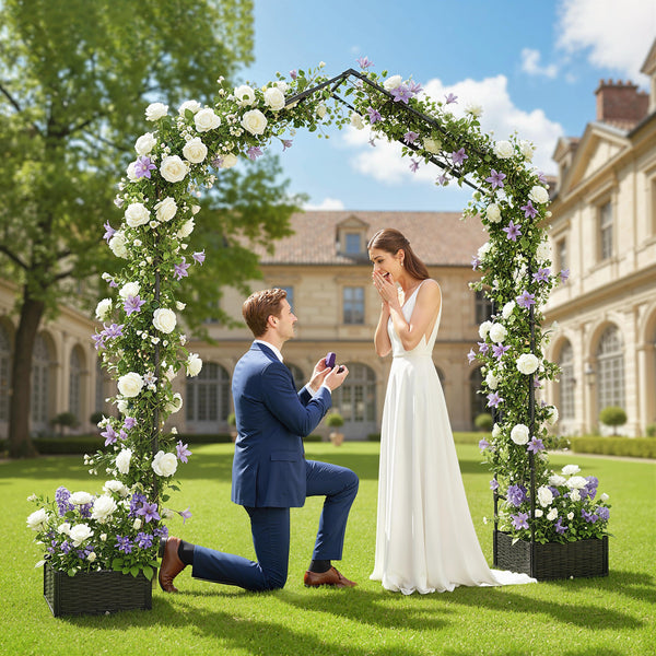 7.3ft Garden Arch with 2 Planter Boxes, PE-Coated Steel Outdoor Trellis Arbor for Climbing Plants, Wedding Arch for Party Outdoor Garden Backyard, Black