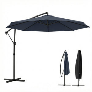 10 ft Offset Patio Umbrella with Cover, Round Hanging Cantilever Umbrella with 6-Position 360° Rotation, Crank Handle, Tilt, Cross Base, Heavy Duty Outdoor Umbrella for Garden, Navy Blue
