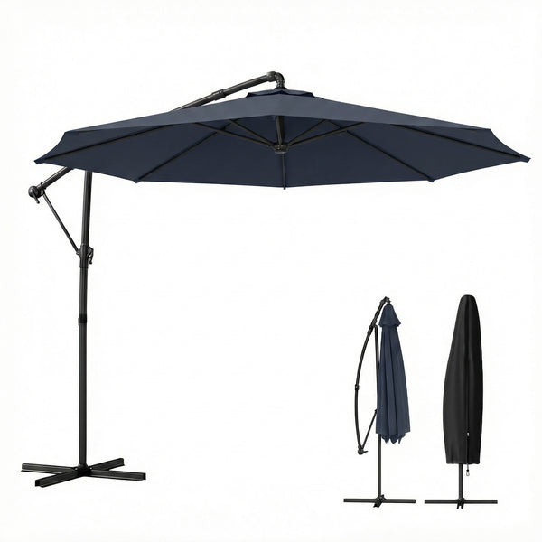 10 ft Offset Patio Umbrella with Cover, Round Hanging Cantilever Umbrella with 6-Position 360° Rotation, Crank Handle, Tilt, Cross Base, Heavy Duty Outdoor Umbrella for Garden, Navy Blue