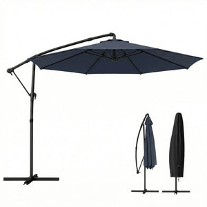 10 ft Offset Patio Umbrella with Cover, Round Hanging Cantilever Umbrella with 6-Position 360° Rotation, Crank Handle, Tilt, Cross Base, Heavy Duty Outdoor Umbrella for Garden, Navy Blue