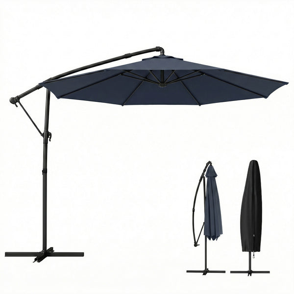10 ft Offset Patio Umbrella with Cover, Round Hanging Cantilever Umbrella with 6-Position 360° Rotation, Crank Handle, Tilt, Cross Base, Heavy Duty Outdoor Umbrella for Garden, Navy Blue