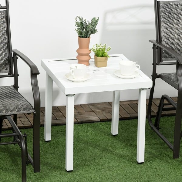 Garden Side Table, 51x51cm Square Patio Coffee Table with Umbrella Hole, End Table with Steel Frame for Balcony, White