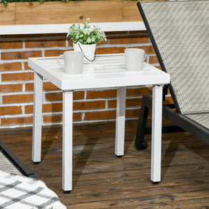 Garden Side Table, 51x51cm Square Patio Coffee Table with Umbrella Hole, End Table with Steel Frame for Balcony, White