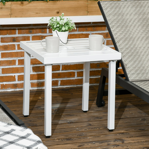 Garden Side Table, 51x51cm Square Patio Coffee Table with Umbrella Hole, End Table with Steel Frame for Balcony, White