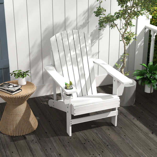 Wooden Adirondack Chair, Outdoor Patio Lawn Chair with Cup Holder, Weather Resistant Lawn Furniture, Classic Lounge for Deck, Garden, Backyard, Fire Pit, White