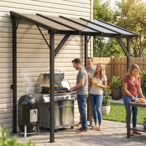 8' x 5' Hardtop Grill Gazebo, Lean-to BBQ Gazebo Shelter, Wall-Mounted Pergola with Polycarbonate Roof and Steel Frame, for Outdoor, Patio, Lawn, Garden, Patio, Backyard
