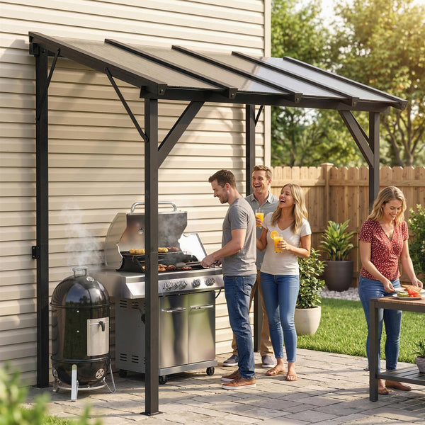 8' x 5' Hardtop Grill Gazebo, Lean-to BBQ Gazebo Shelter, Wall-Mounted Pergola with Polycarbonate Roof and Steel Frame, for Outdoor, Patio, Lawn, Garden, Patio, Backyard