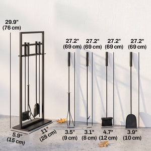 Fireplace Tools Set 5 Pieces Metal Fire Place Kit, Outdoor Indoor Fireside Accessories with Brush, Shovel, Poker, A Pair of Tongs, Stand, Black