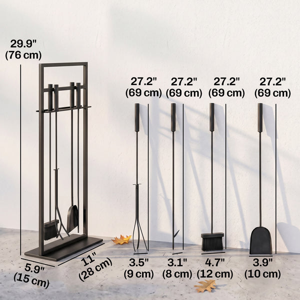 Fireplace Tools Set 5 Pieces Metal Fire Place Kit, Outdoor Indoor Fireside Accessories with Brush, Shovel, Poker, A Pair of Tongs, Stand, Black