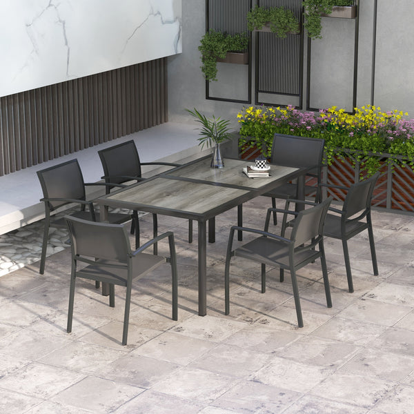 6 Seater Garden Dining Set, Stackable Armchairs and Wood-like Top Table, Space-Saving Outdoor Table and Chairs with Breathable Mesh Seat, Garden Furniture Set, Grey