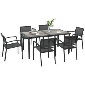 6 Seater Garden Dining Set, Stackable Armchairs and Wood-like Top Table, Space-Saving Outdoor Table and Chairs with Breathable Mesh Seat, Garden Furniture Set, Grey