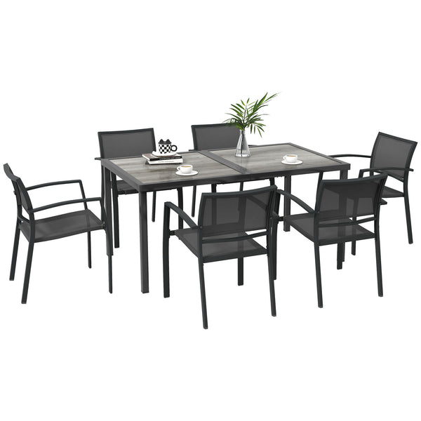 6 Seater Garden Dining Set, Stackable Armchairs and Wood-like Top Table, Space-Saving Outdoor Table and Chairs with Breathable Mesh Seat, Garden Furniture Set, Grey