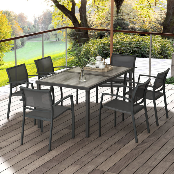 6 Seater Garden Dining Set, Stackable Armchairs and Wood-like Top Table, Space-Saving Outdoor Table and Chairs with Breathable Mesh Seat, Garden Furniture Set, Grey