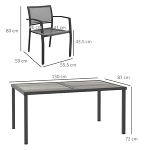 6 Seater Garden Dining Set, Stackable Armchairs and Wood-like Top Table, Space-Saving Outdoor Table and Chairs with Breathable Mesh Seat, Garden Furniture Set, Grey