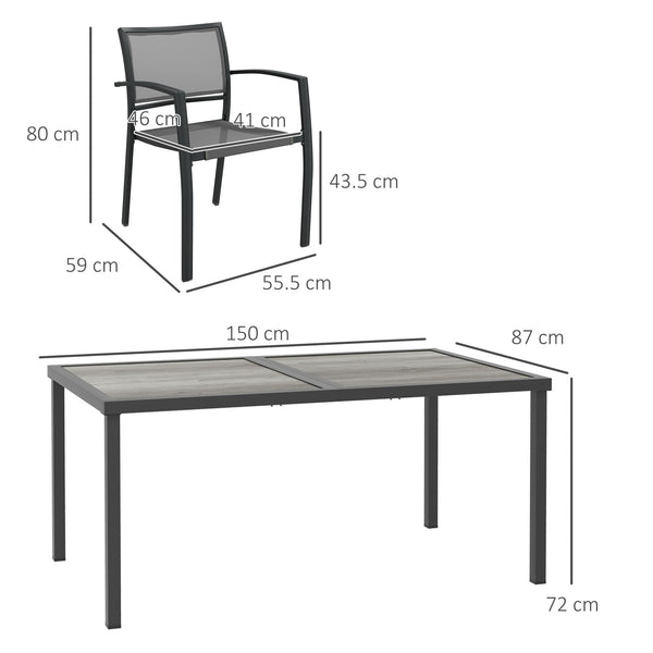 6 Seater Garden Dining Set, Stackable Armchairs and Wood-like Top Table, Space-Saving Outdoor Table and Chairs with Breathable Mesh Seat, Garden Furniture Set, Grey