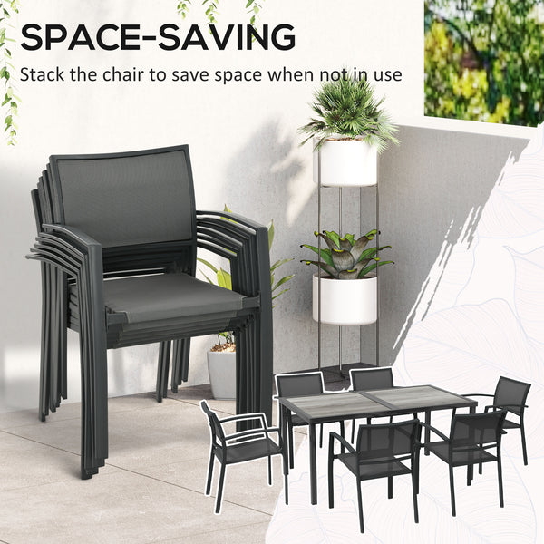 6 Seater Garden Dining Set, Stackable Armchairs and Wood-like Top Table, Space-Saving Outdoor Table and Chairs with Breathable Mesh Seat, Garden Furniture Set, Grey