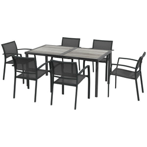 6 Seater Garden Dining Set, Stackable Armchairs and Wood-like Top Table, Space-Saving Outdoor Table and Chairs with Breathable Mesh Seat, Garden Furniture Set, Grey