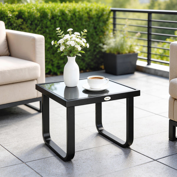 Metal Garden Coffee Table, Outdoor Rectangle Side Table with Tempered Glass Tabletop and Adjustable Foot Pads for Terrace, Balcony, Patio, 45 x 45 x 33 cm, Black