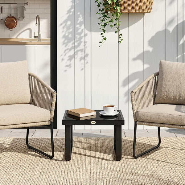 Metal Garden Coffee Table, Outdoor Rectangle Side Table with Tempered Glass Tabletop and Adjustable Foot Pads for Terrace, Balcony, Patio, 45 x 45 x 33 cm, Black