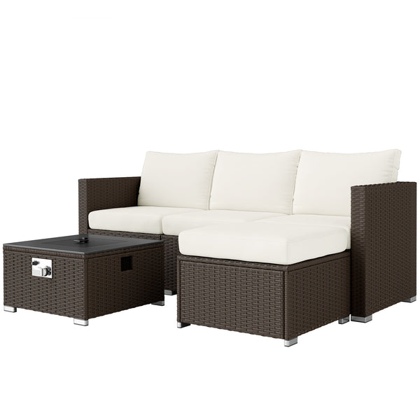 5 Piece Rattan Garden Furniture Set with Gas Fire Pit Table, 4 Seater Outdoor Sectional Sofa Set with Footstool and Removable Cushions, Modular Combination, Brown and Cream White