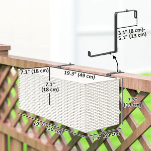 2 Pack Railing Planter Box, 20 Inch Hanging Flower Pots with Hooks and Drainage Hole, Rectangular Planters for Fence, Balcony, Garden, Patio, Rattan Look, White