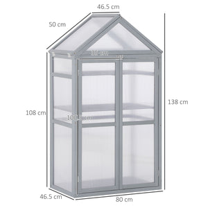 Garden Cold Frame Polycarbonate Greenhouse with Adjustable Shelves, Double Doors, Openable Top Covers, Grow House for Flower Vegetable Plants, 80 x 47 x 138cm, Grey