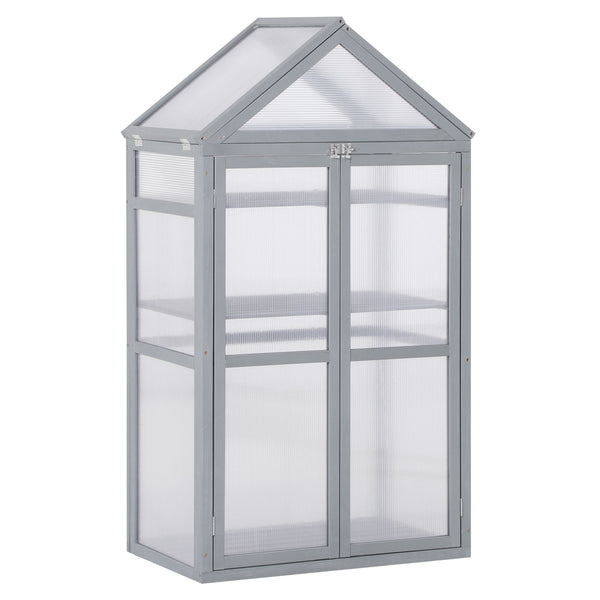 Garden Cold Frame Polycarbonate Greenhouse with Adjustable Shelves, Double Doors, Openable Top Covers, Grow House for Flower Vegetable Plants, 80 x 47 x 138cm, Grey