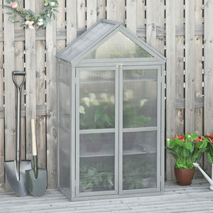 Garden Cold Frame Polycarbonate Greenhouse with Adjustable Shelves, Double Doors, Openable Top Covers, Grow House for Flower Vegetable Plants, 80 x 47 x 138cm, Grey