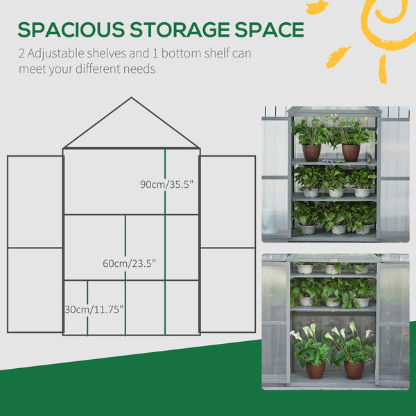 Garden Cold Frame Polycarbonate Greenhouse with Adjustable Shelves, Double Doors, Openable Top Covers, Grow House for Flower Vegetable Plants, 80 x 47 x 138cm, Grey