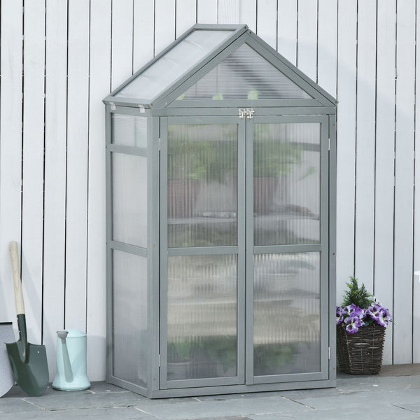 Garden Cold Frame Polycarbonate Greenhouse with Adjustable Shelves, Double Doors, Openable Top Covers, Grow House for Flower Vegetable Plants, 80 x 47 x 138cm, Grey