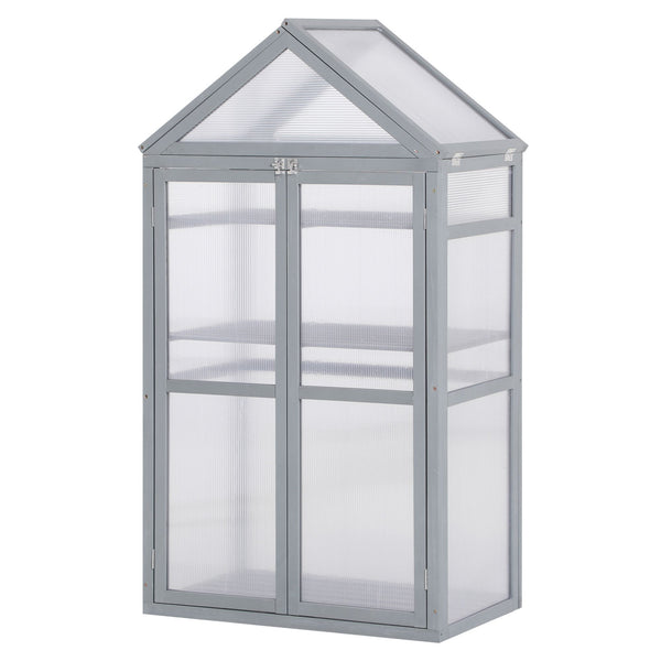 Garden Cold Frame Polycarbonate Greenhouse with Adjustable Shelves, Double Doors, Openable Top Covers, Grow House for Flower Vegetable Plants, 80 x 47 x 138cm, Grey