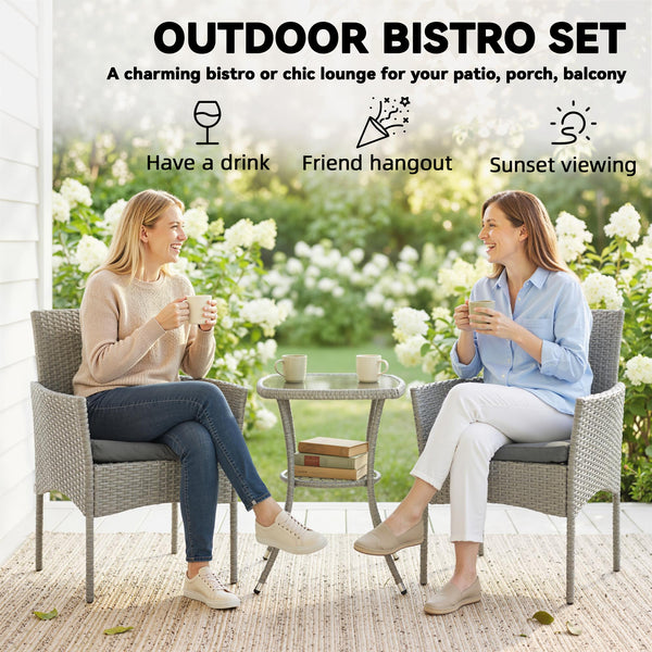 3 Piece Rattan Bistro Set, PE Wicker Garden Furniture Conversation Set, 2 Tier Glass-Top Bistro Table and Chairs for 2 with Cushions for Patio, Balcony, Porch, Dark Grey