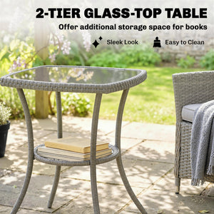 3 Piece Rattan Bistro Set, PE Wicker Garden Furniture Conversation Set, 2 Tier Glass-Top Bistro Table and Chairs for 2 with Cushions for Patio, Balcony, Porch, Dark Grey