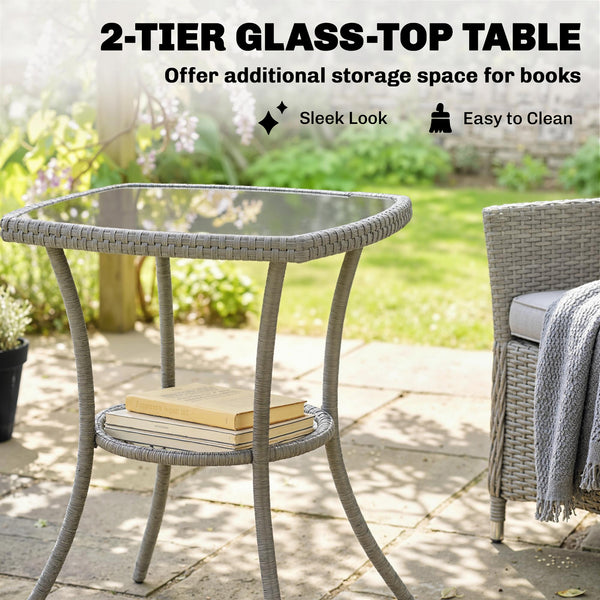 3 Piece Rattan Bistro Set, PE Wicker Garden Furniture Conversation Set, 2 Tier Glass-Top Bistro Table and Chairs for 2 with Cushions for Patio, Balcony, Porch, Dark Grey