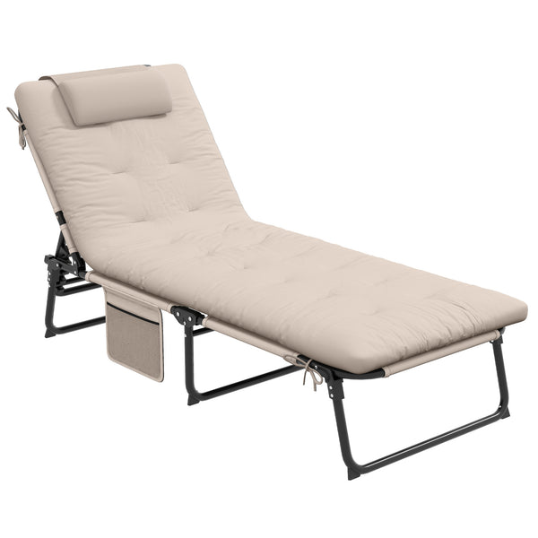 Outsunny Folding Chaise Lounge with 4-level Reclining Back, Outdoor Tanning Chair with Cushion, Outdoor Lounge Chair with Breathable Mesh Fabric, Side Pocket, Headrest, Beige