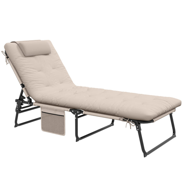 Outsunny Folding Chaise Lounge with 4-level Reclining Back, Outdoor Tanning Chair with Cushion, Outdoor Lounge Chair with Breathable Mesh Fabric, Side Pocket, Headrest, Beige