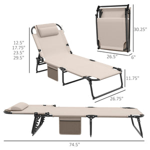 Outsunny Folding Chaise Lounge with 4-level Reclining Back, Outdoor Tanning Chair with Cushion, Outdoor Lounge Chair with Breathable Mesh Fabric, Side Pocket, Headrest, Beige