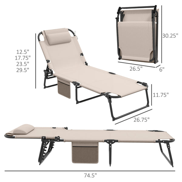 Outsunny Folding Chaise Lounge with 4-level Reclining Back, Outdoor Tanning Chair with Cushion, Outdoor Lounge Chair with Breathable Mesh Fabric, Side Pocket, Headrest, Beige