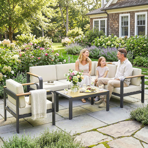 3 Pieces Garden Furniture Set with L-Shaped Sofa, Armchair and Coffee Table, Aluminium Garden Corner Sofa Set with Olefin Seat & Back Cushions, Wood Plastic Tabletop and Armrests, Beige