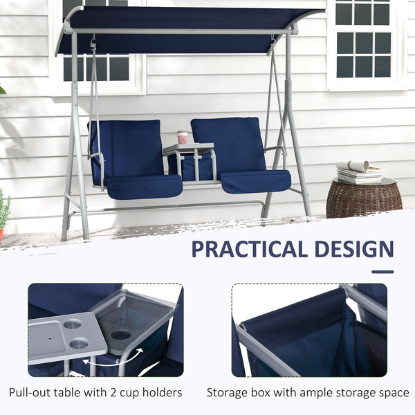 2 Person Porch Swing with Stand, Outdoor Swing with Canopy, Pivot Storage Table, 2 Cup Holders, Cushions for Patio, Backyard, Dark Blue