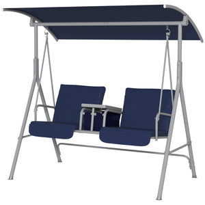2 Person Porch Swing with Stand, Outdoor Swing with Canopy, Pivot Storage Table, 2 Cup Holders, Cushions for Patio, Backyard, Dark Blue