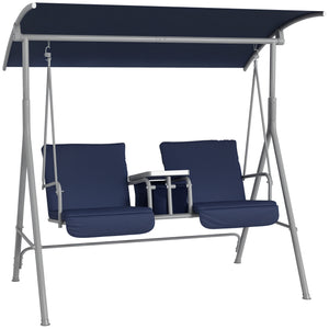 2 Person Porch Swing with Stand, Outdoor Swing with Canopy, Pivot Storage Table, 2 Cup Holders, Cushions for Patio, Backyard, Dark Blue