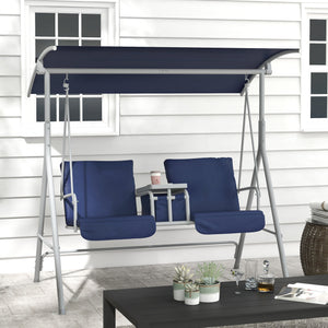 2 Person Porch Swing with Stand, Outdoor Swing with Canopy, Pivot Storage Table, 2 Cup Holders, Cushions for Patio, Backyard, Dark Blue