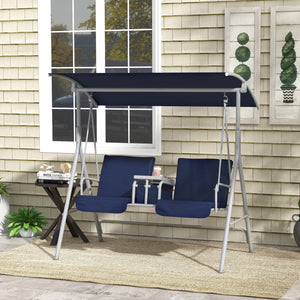 2 Person Porch Swing with Stand, Outdoor Swing with Canopy, Pivot Storage Table, 2 Cup Holders, Cushions for Patio, Backyard, Dark Blue