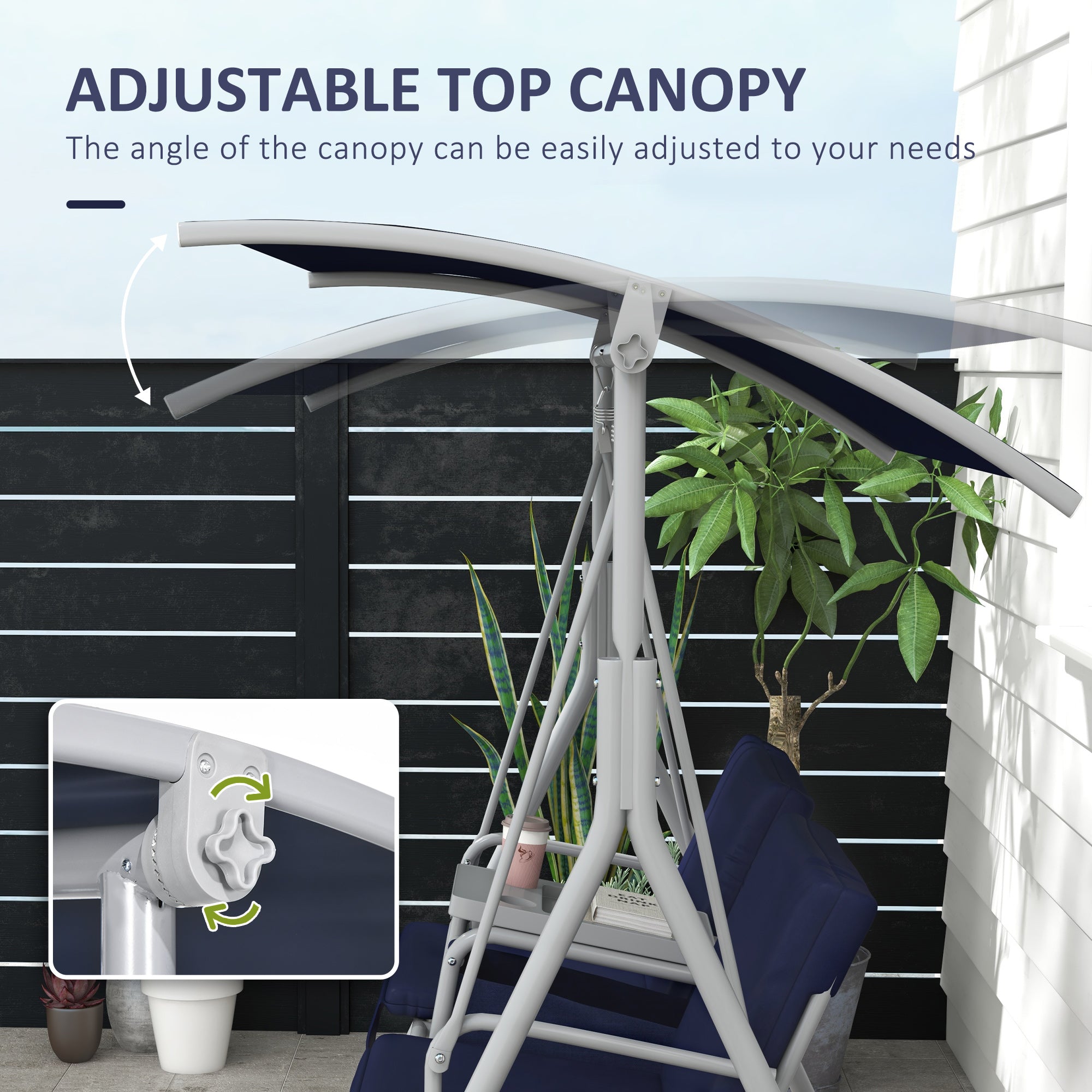 2 person patio set with umbrella Outsunny Porch Swing 2 Person with Stand, Outdoor, Dark Blue, Canopy, Cup Holders, Cushions for Patio Backyard