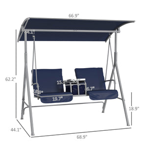 2 Person Porch Swing with Stand, Outdoor Swing with Canopy, Pivot Storage Table, 2 Cup Holders, Cushions for Patio, Backyard, Dark Blue