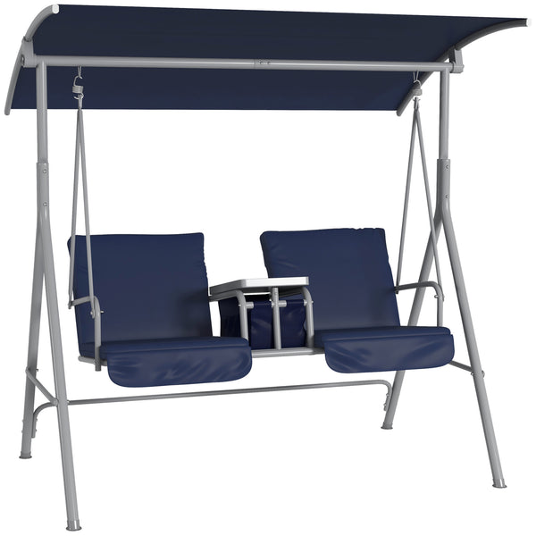 2 Person Porch Swing with Stand, Outdoor Swing with Canopy, Pivot Storage Table, 2 Cup Holders, Cushions for Patio, Backyard, Dark Blue