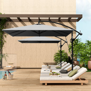 Patio Offset Umbrella UPF 50+ UV Protection, Water-Resistant, Crank Parasol with Base, Cover & Wind Securing, Tiltable Garden Umbrella for Balcony & Patio, Grey