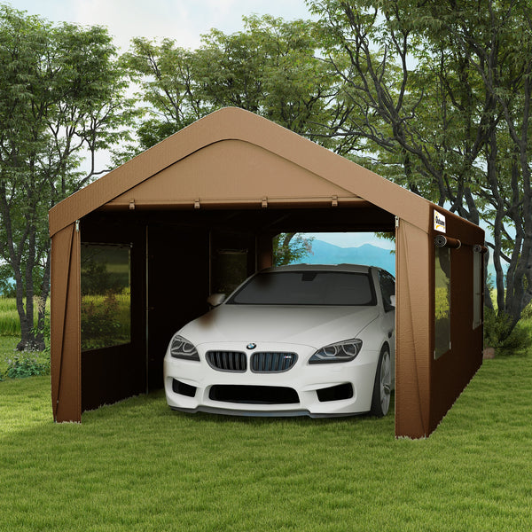 Outsunny Carport 10' x 20' Portable Garage, Heavy Duty Car Port Canopy with 2 Roll-up Doors & 4 Ventilated Windows for Car, Truck, Boat, Garden Tools, Tan